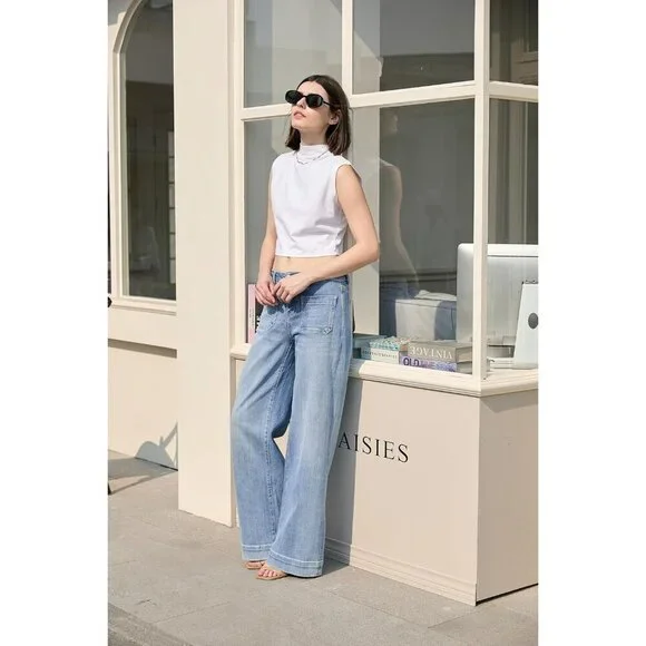 Women Jeans Wide Leg High Rise Stretchy Loose Baggy Casual Trousers - Picture 6 of 7